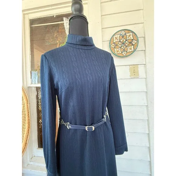Vintage 70's Navy Blue LeRok Korell Knit Maxi Dress With Belt Sz M - Picture 4 of 16